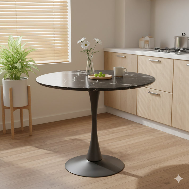 Table de salle à manger ronde moderne de 24 pouces de couleur marbre noir, avec plateau en panneau de fibres à densité moyenne et base tulipe en acier, pouvant servir de table de cuisine ou de table basse Mid-Century pour le salon