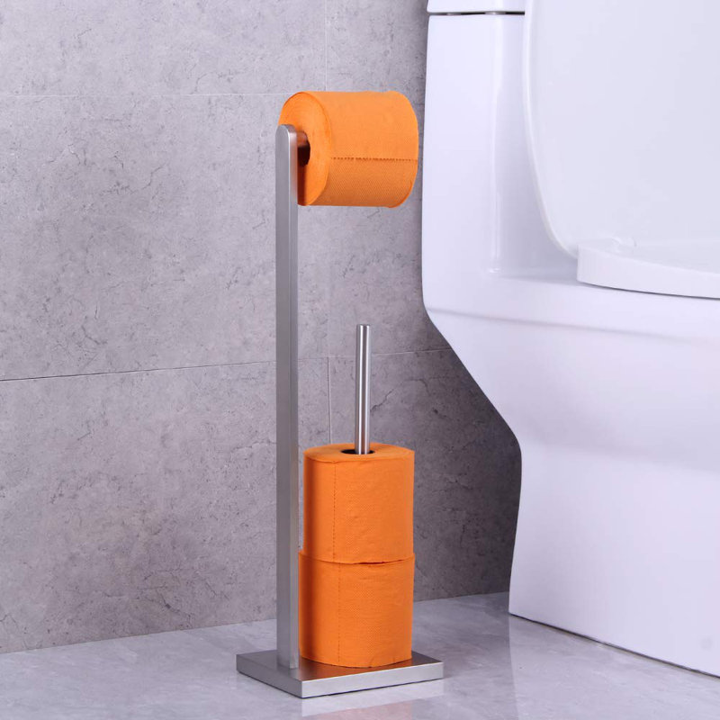 Porte-papier hygiénique sur pied en acier inoxydable brossé avec rangement - résistant à la rouille, facile à nettoyer