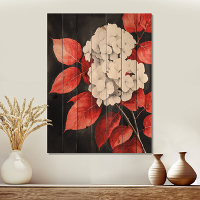 Hortensias monochromes avec feuilles rouges I - décoration murale en bois d'hortensias - sur bois de pin naturel