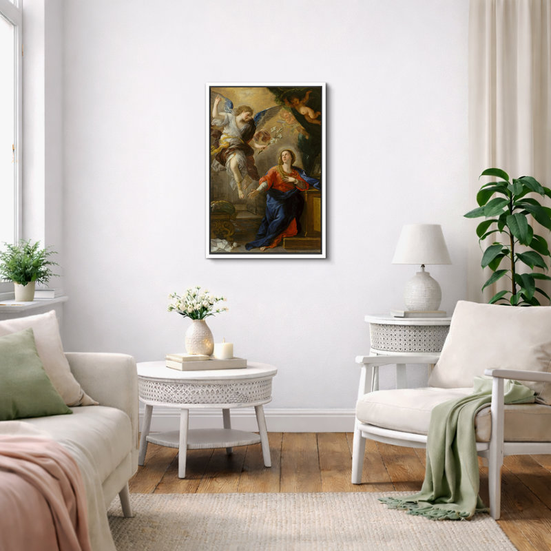 Illustration de l'Annonce avec ange et Madone, images de scène sacrée baroque, impression sur toile encadrée