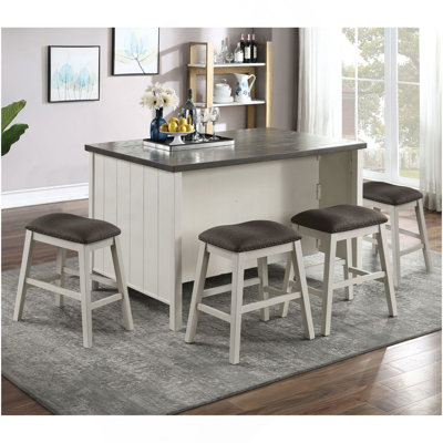 Transitional Style 5Pc Counter Height Dining Set Off White Wooden Dining Table 4X Stools Storage Shelve Table Base Dining Room