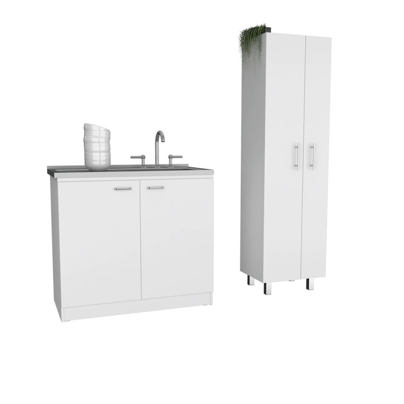 White 4-Door 2-piece Kitchen Set, Utility Sink Cabinet and Pantry Cabinet