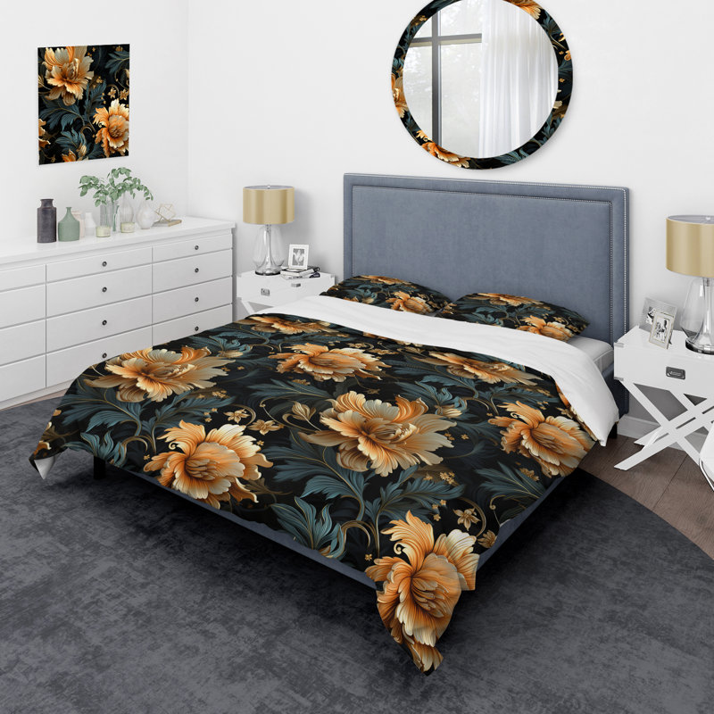 Ensemble de housse de couette damassé Golden and Dark Poppies, Housse de couette pour très grand lit et 2 très