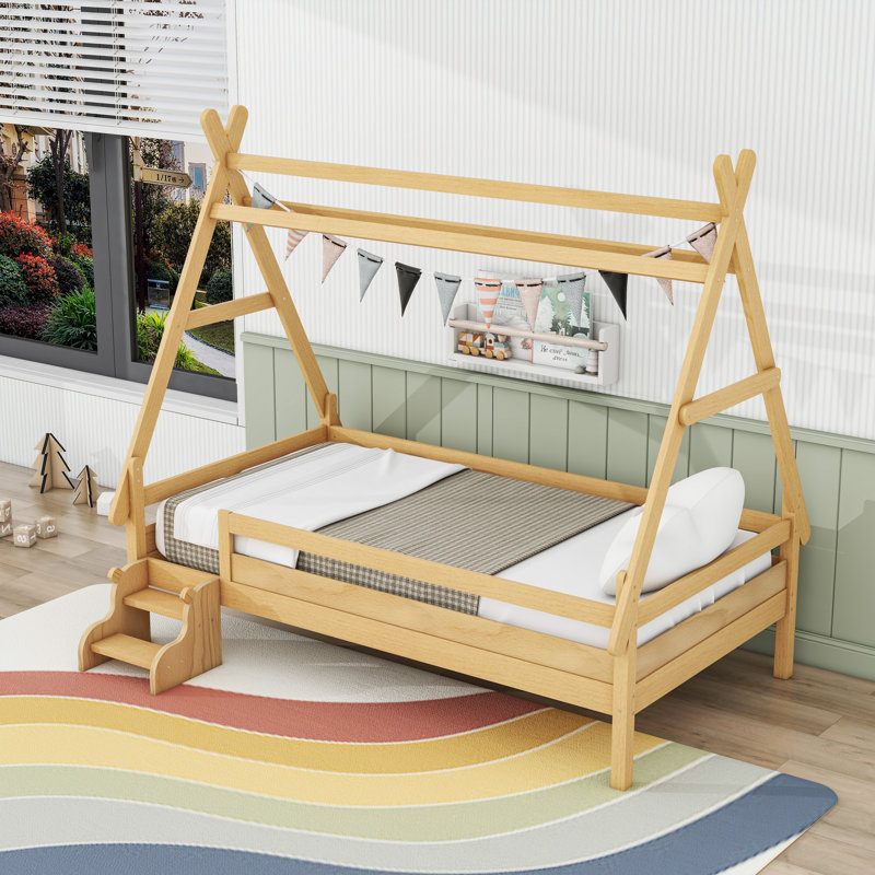 House Platform Bed With Stairs, Natural, Twin