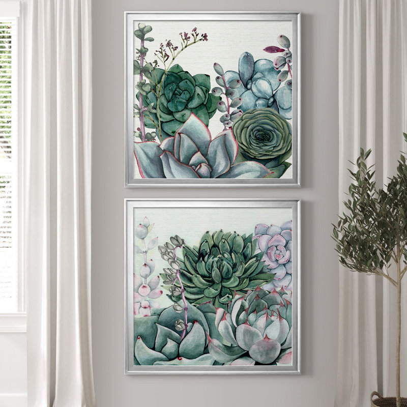 «Succulent Garden I», ensemble de 2 reproductions d'art sur toile, H 22,5 po x l 45 po x P 1,5 po, Toile encadrée argentée