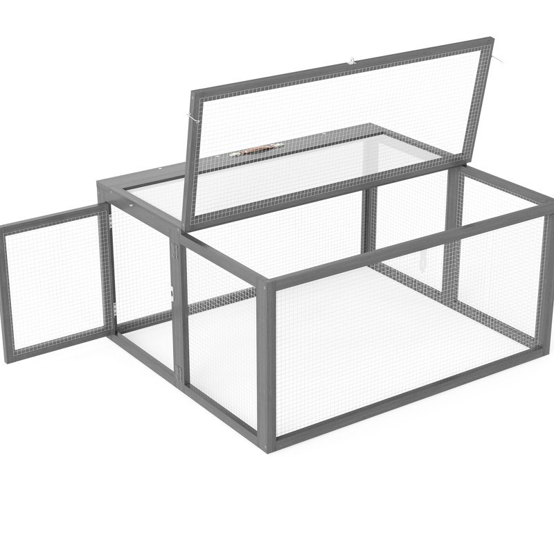 Lapin pliant avec portes verrouillables, finition grise, fait de sapin et de grillage galvanisé, spacieux pour la détente des lapins, stabilité des piquets de sol, déplié L 43,3 po x l 37 po H 21,3 po, plié l 21,3 po H 5,3 po