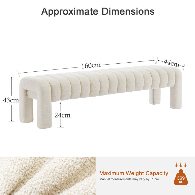 Gliese Boucle Upholstered Bench, Beige, 43cm H x 160cm W x 44cm D