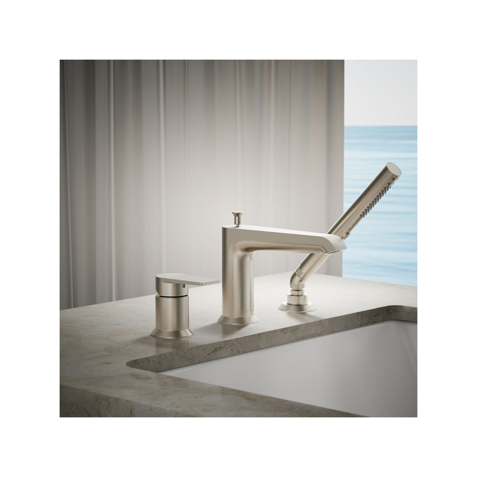Hint Single-Handle Deck-Mount Bath Faucet With Handshower, Vibrant Brushed Nickel