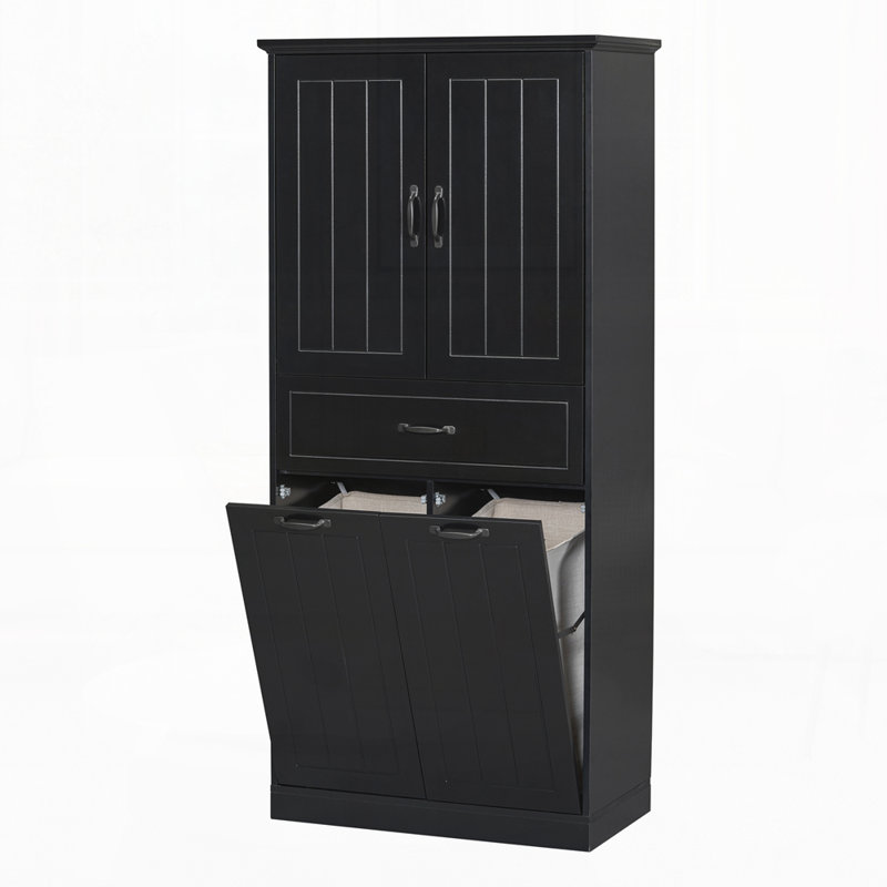 Bathroom Storage Cabinet with Two Laundry Baskets, Storage Cabinet with Doors and Drawer, Black