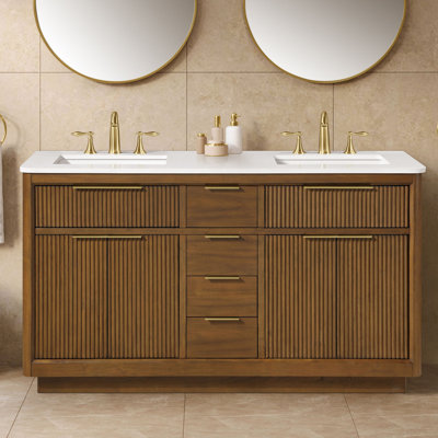 OVE Decors Xander Meuble-lavabo double autoportant en noyer chaud avec plateau en pierre blanche