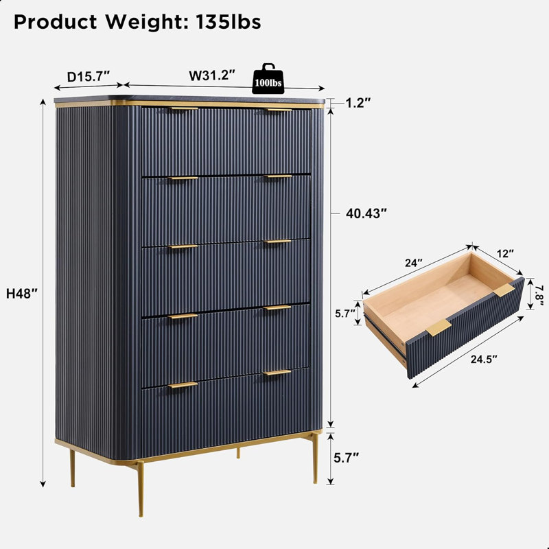 Commode 5 tiroirs 48 po, Bleu