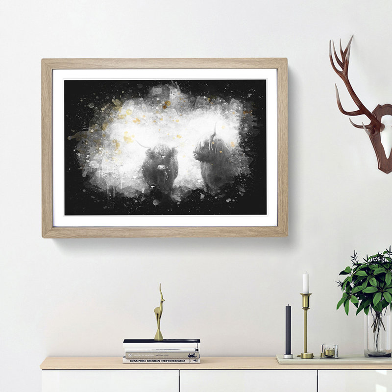 Two Highland Cows - Picture Frame Graphic Art Print, 45cm H x 63cm W x 2cm D, Oak Framed