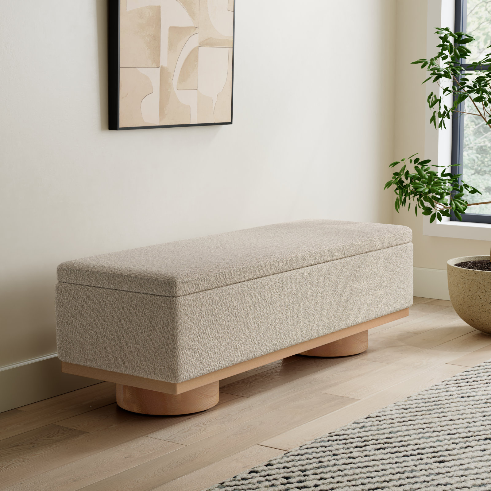 Morje 61" Linen Entryway Bench, Brown Boucle, Natural