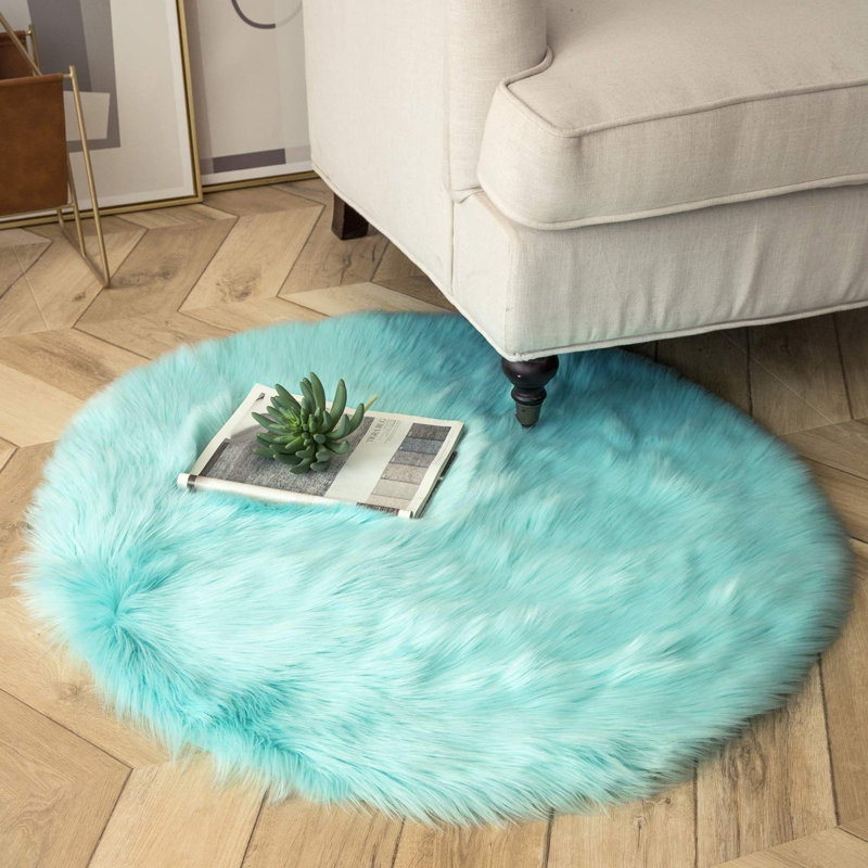 Haja Turquoise Fluffy Faux Sheepskin Fur Shag Area Rug, Round 8'
