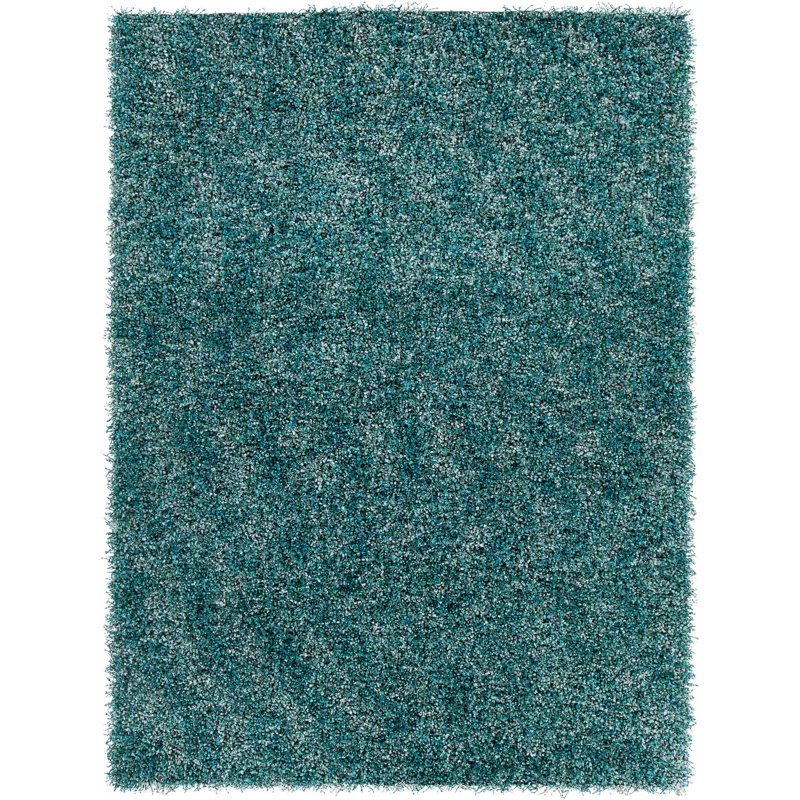 Tapis à poils longs en polyester tissé à la main bleu sarcelle et turquoise Stickland, Rectangulaire 7 pi x 10 pi