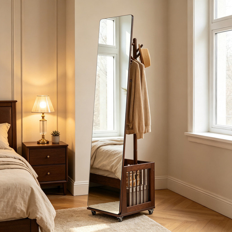 Portant à vêtements roulant en bois massif avec panier de rangement, support à vêtements multicrochets autoportant sur roulettes, organisateur de vêtements mobile en bois pour entrée, chambre, placard de couloir