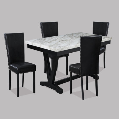 Ensemble de table de salle à manger en simili marbre blanc et finition noire Ensemble de chaises rembourrées en similicuir noir