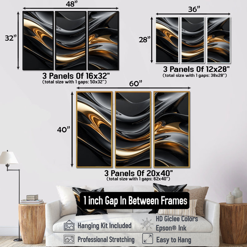 Captivating Gold and Black Marble III - Abstract Modern Waves, ensemble d'art mural, H 28 po x l 36 po x P 1 po