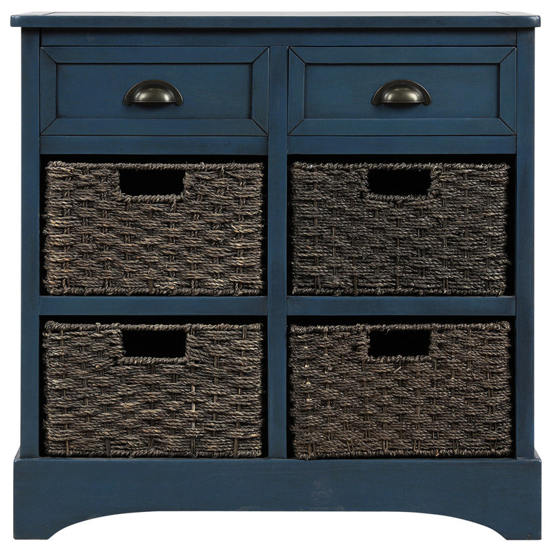 Armoire de rangement rustique avec deux tiroirs et quatre paniers en rotin classique, Marine antique