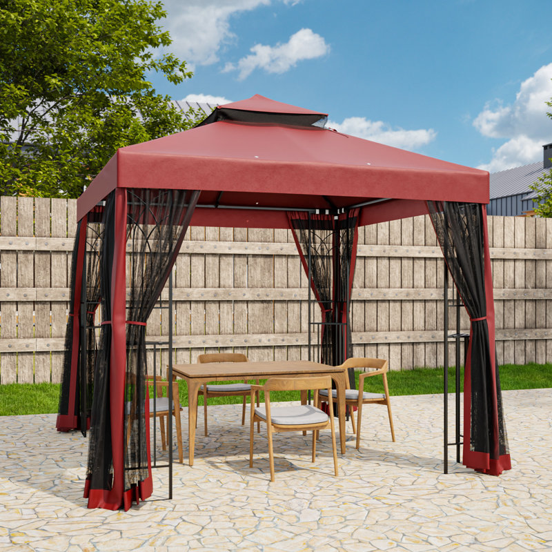 8 Ft. W x 8 Ft. D Patio Steel Soft top Double Roof Gazebo with Netting & Corner Shelves, Red
