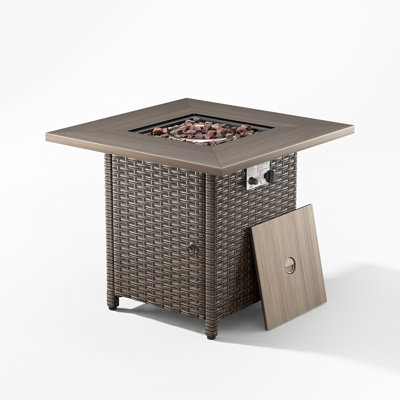 50,000 BTU Outdoor Propane Gas Fire Pit Table with Wood-Look Top, 2-in-1 Wicker Fireplace Table with Lava Rocks for Patio, Deck, Backyard
