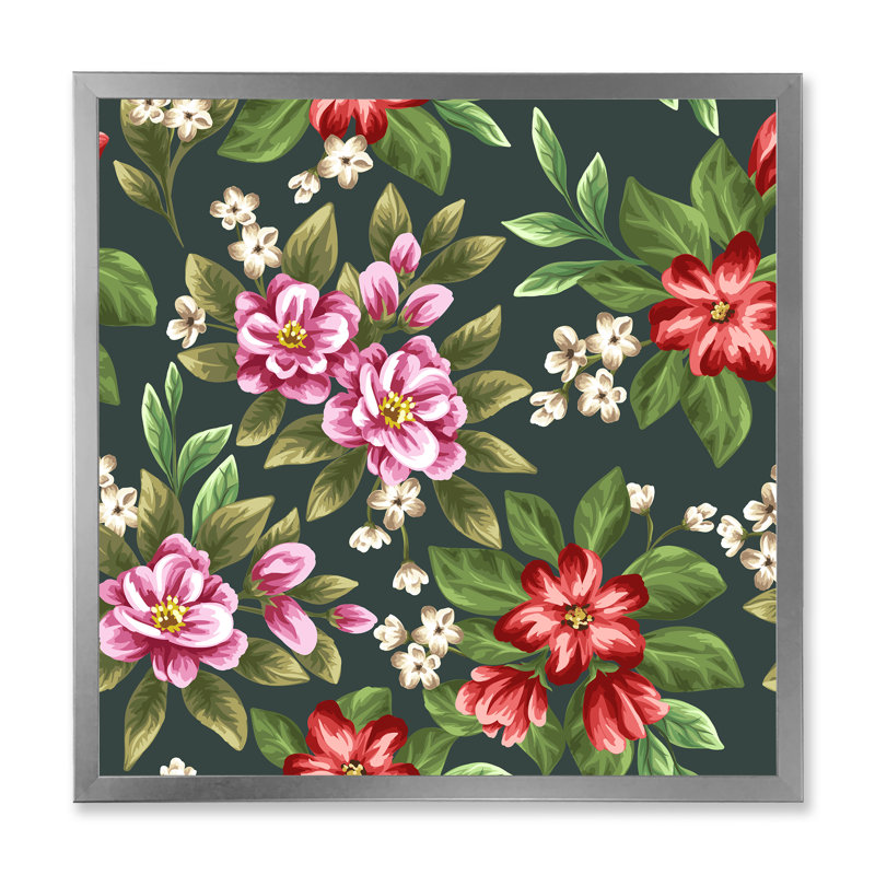 Fleurs rétro roses et rouges I - peinture sur toile, Cadre photo argenté, H 16 po x l 16 po x P 1 po