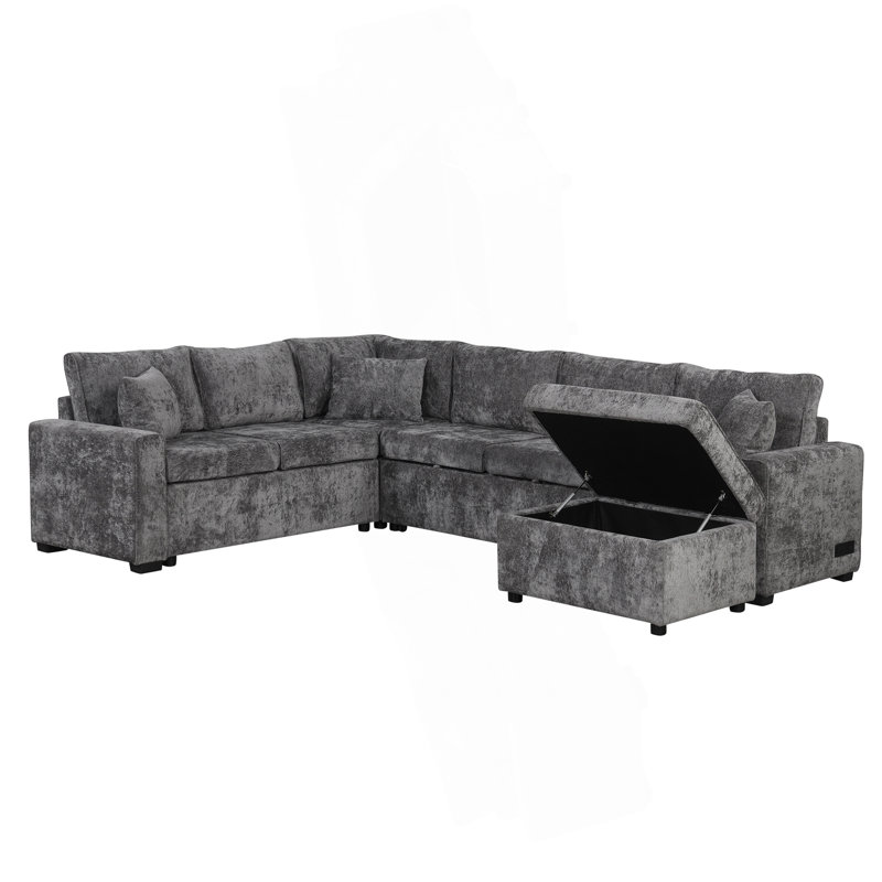 Canapé-lit 112,2 po avec canapé-lit escamotable avec repose-pieds avec rangement, trois coussins et dispositifs de chargement pour le salon, gris