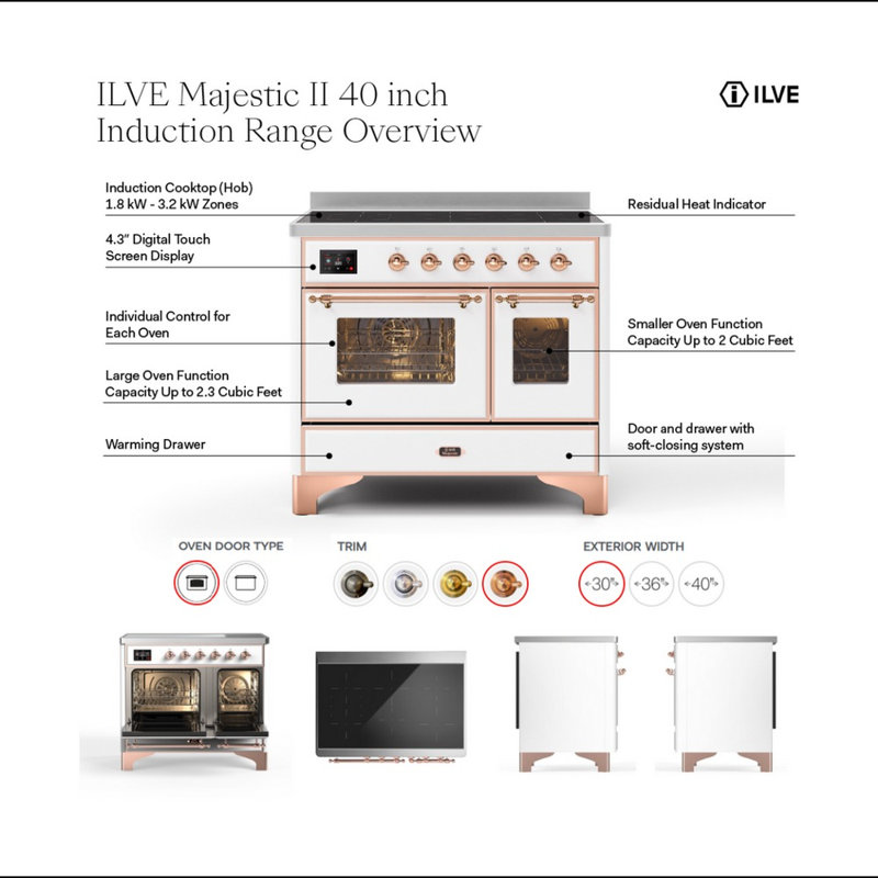 Majestic II 40" Freestanding Induction Range, White/Copper