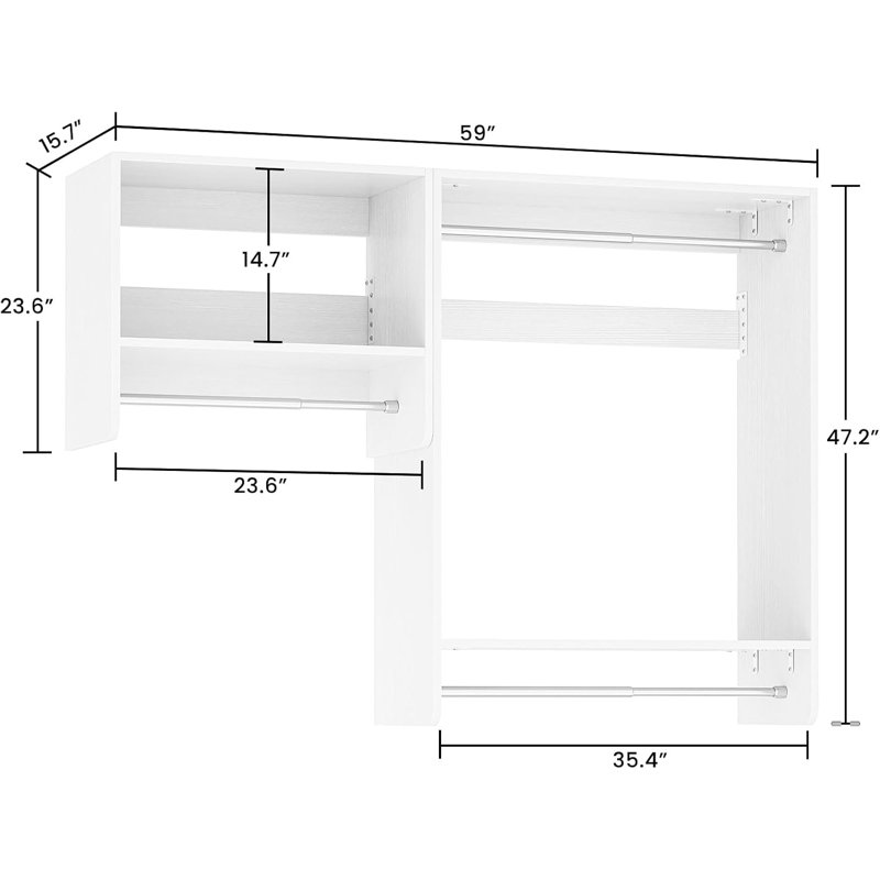 60” Closet System with Hanging Rods and Shelves, White
