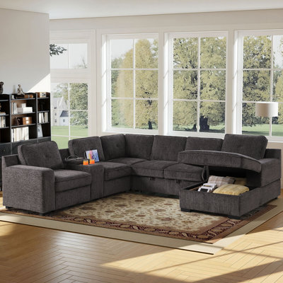 Burwell Oversized U-Shaped Sectional Sofa Bed Pull Out Sleeper Couch With Storage Chaise,  Storage Armrest, 2 Cup holders and USB