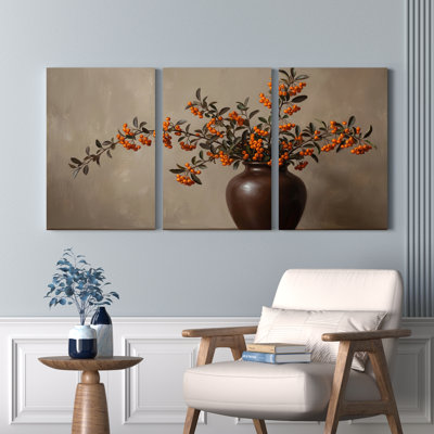 Orange Berries And Leaves In Vase Canvas Wrapped Wall Art Oil Painting Print Set Of 3