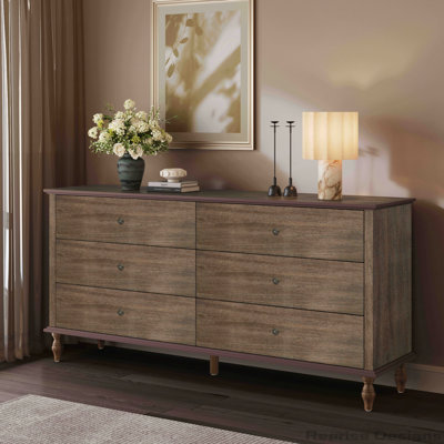 6-Drawer Double Wide Wood Dresser for Bedroom, Deep Brown Burnt Wood Finish Storage Chest with Self-Closing Slides, Metal Copper Handles, Solid Wood Roman Column Legs, Anti-Tip Kit Included