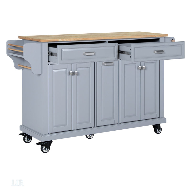 Kitchen Island With Rubber Wood Countertop, Kitchen Cart On 5 Wheels With Storage Cabinet And 2 Top Drawers And A Center Double Layered Storage Drawer, Kitchen Island