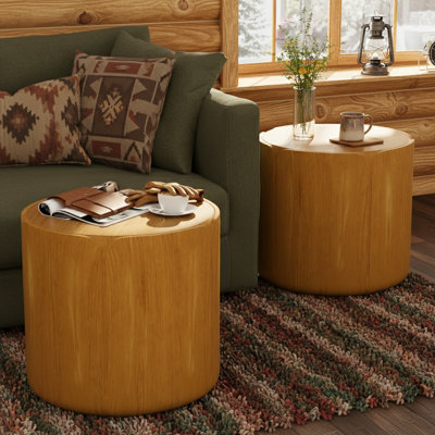 19.29"H Round Outdoor Indoor Side Table Set, Modern  Grain Patio Garden Stool Set, Sturdy Magnesium Oxide Waterproof, No-Assembly Table For Patio, Garden, Backyard, Living Room,Wood Color,Set Of 2