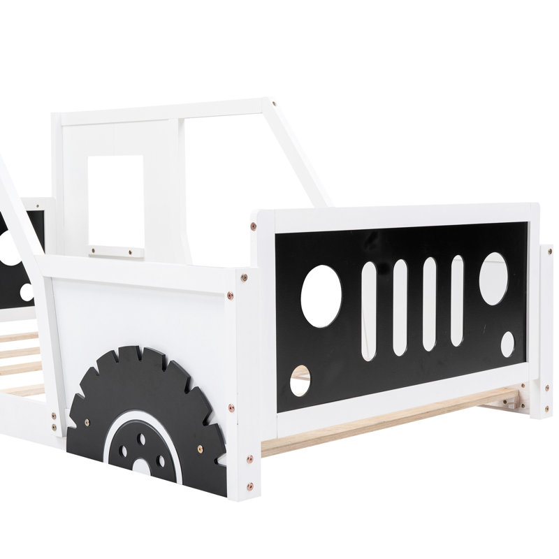 Lit plateforme classique en forme de voiture - Construit avec des portes en pin et des fenêtres pour une perspective charmante Matelas de support de rail à lattes