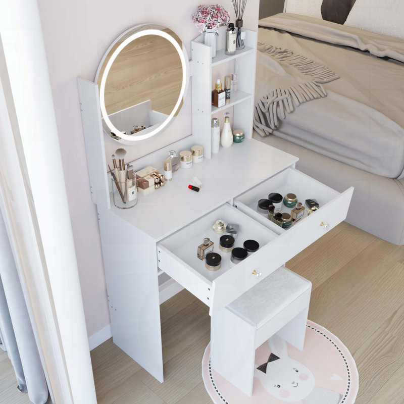 17 Round LED Mirror Vanity Table with Cushioned Stool (Basic)", White