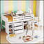 Lit mezzanine bas avec bureau coulissant, tiroirs, armoire et tablettes pour chambre d'enfant