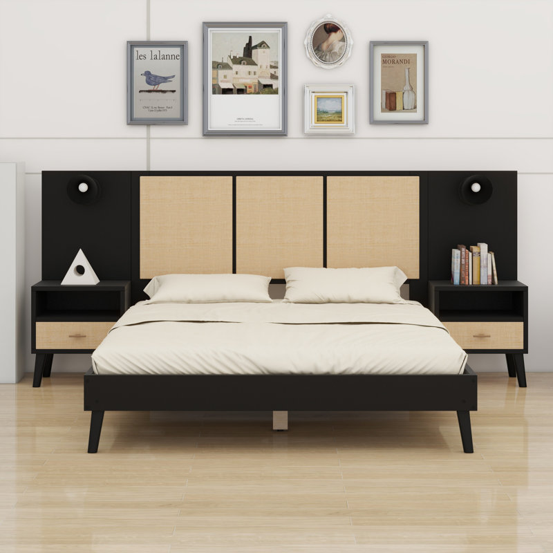 Solid Wood Bed Frame With Nightstands, Elegant Design With Lamps, Rattan And Wood Combination, Black