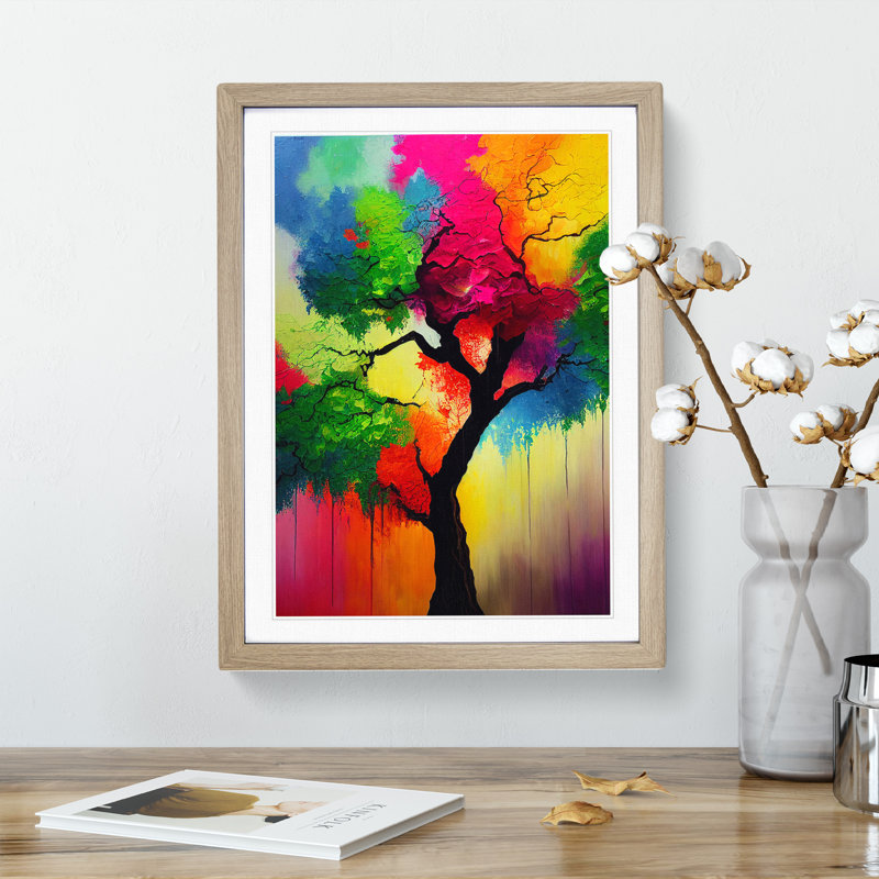 Colourful Abstract Tree No.3 - Wall Art, 48cm H x 36cm W, Oak Framed, White