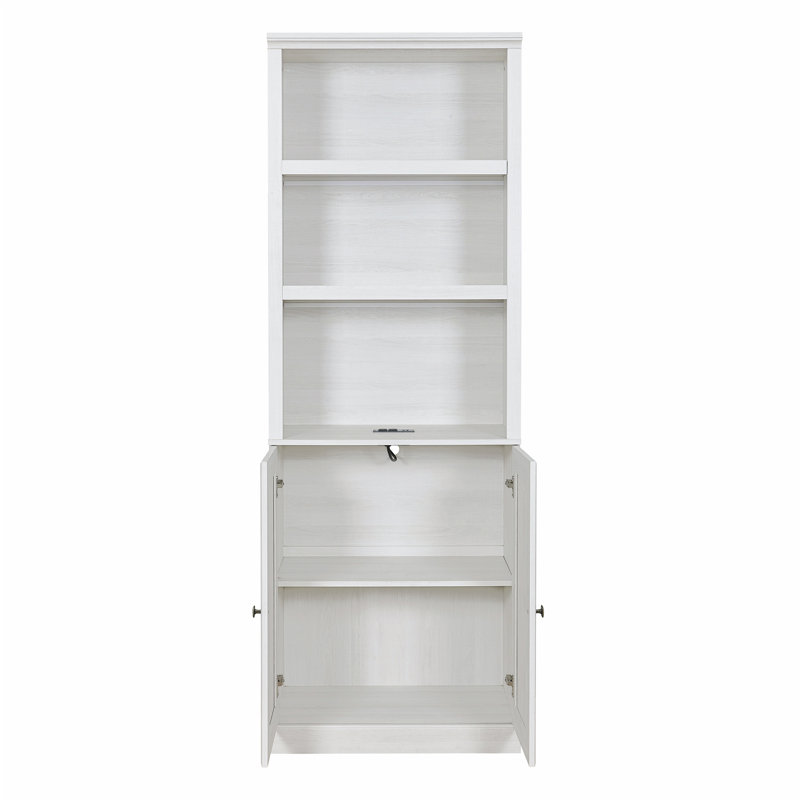 Bookshelf with USB Port and 3 Open Shelves, Rustic White