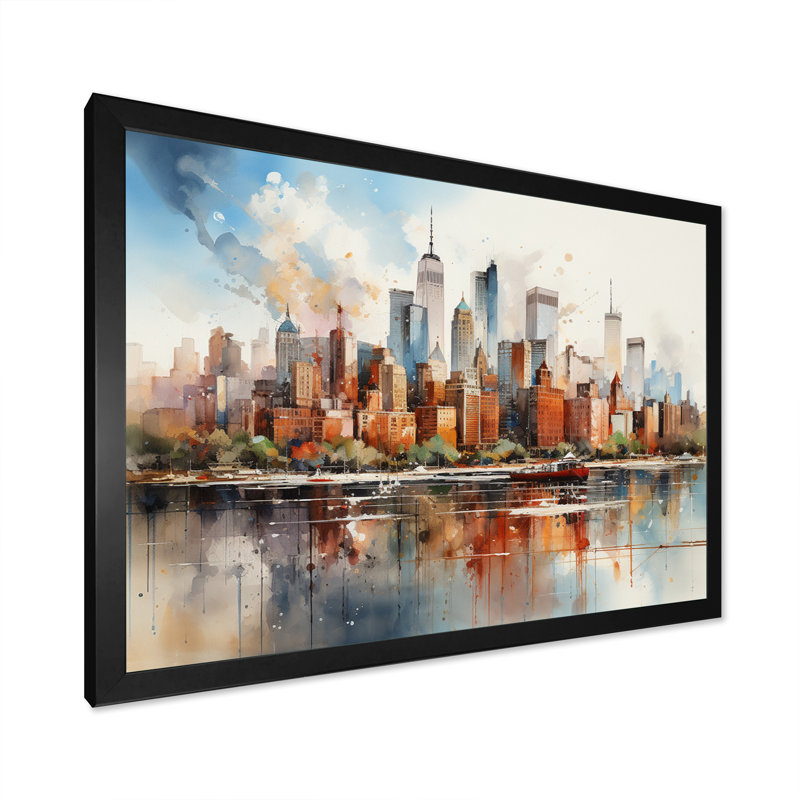 Dreamy New York, paysage rétro, aquarelle - décoration murale New York, H 24 po x l 32 po x P 1 po, Cadre simple noir