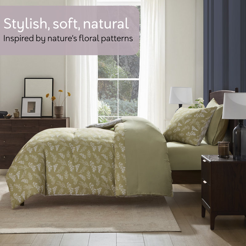 Nestl Botanical Bed in a Bag 5 piece Comforter Set with Sheets & Pillow Shams, Olive Grove/White