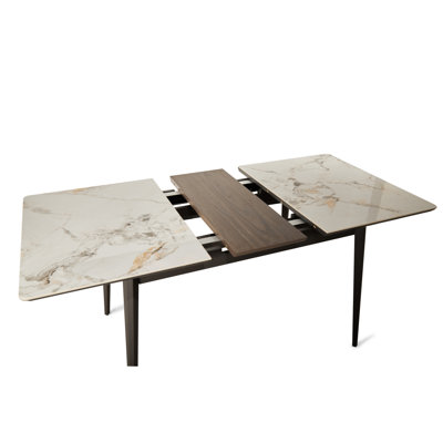 Extendable Rock Plate Dining Table with Metal Base for Kitchen and Living Room, Seats 6-8 People.