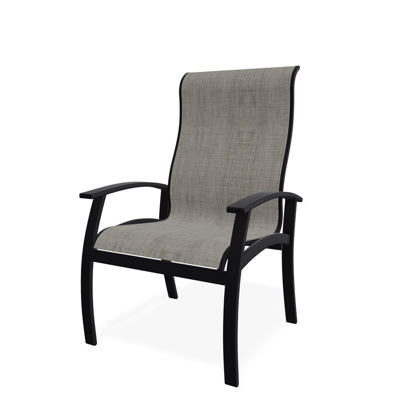 Belle Isle Sling Aluminum Frame Dining Height Supreme Arm Chair with Marine Grade Polymer Arm Accent, Black, Smoke