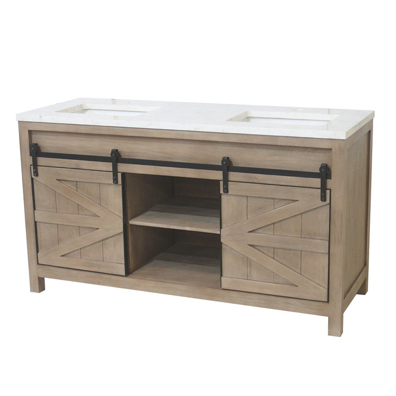 Meuble-lavabo double 60 po en bois naturel de style maison de campagne avec dessus en marbre blanc assemblé