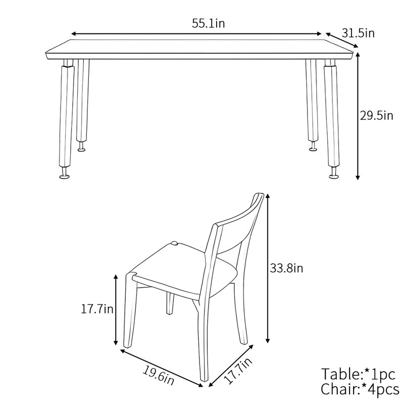Table de salle à manger rectangulaire européenne, H 29,5 po x L 55,1 po x l 31,5 po