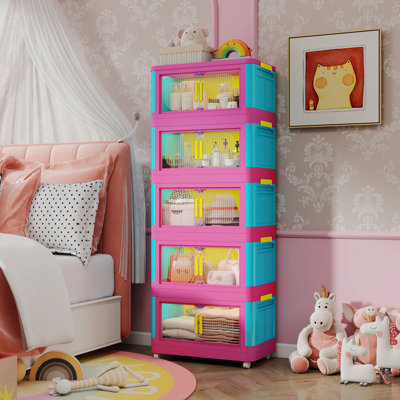 Happy Color, armoire de rangement pliante latérale de 20 po de largeur, 5 niveaux, 19,69 po x 11,81 po x 50,00 po, bacs de rangement pliables avec porte magnétique, armoire de rangement en plastique avec roues