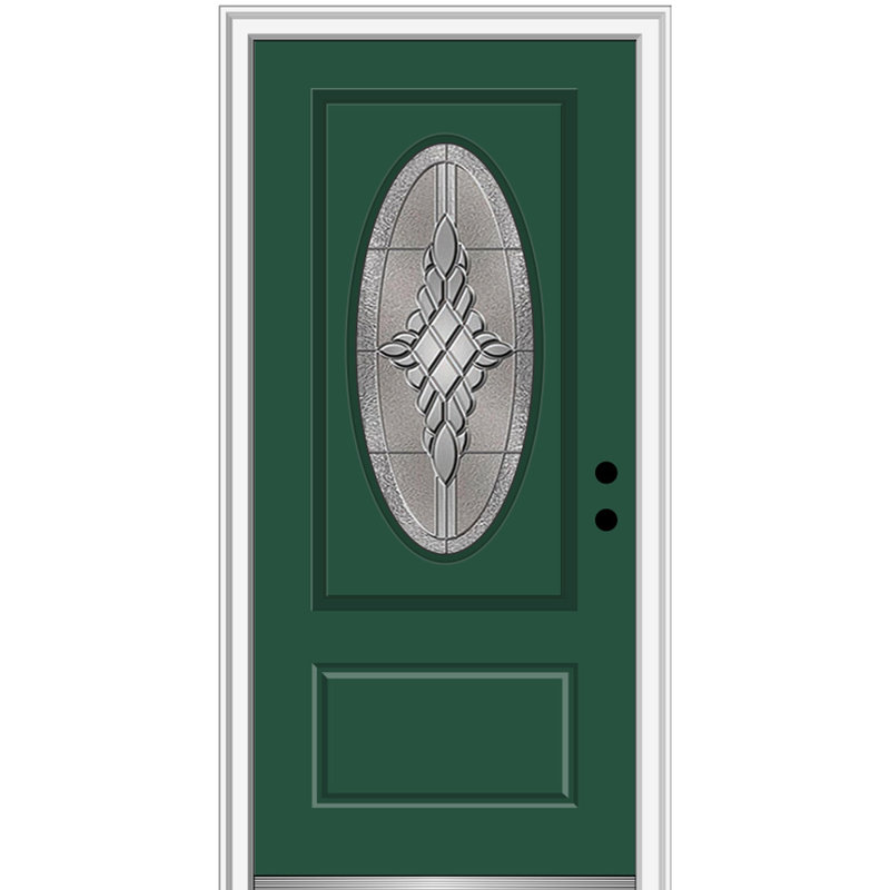 Petite porte d'entrée pré-suspendue ovale en fibre de verre 1 panneau Grace, Vert forêt, Ouverture à droite