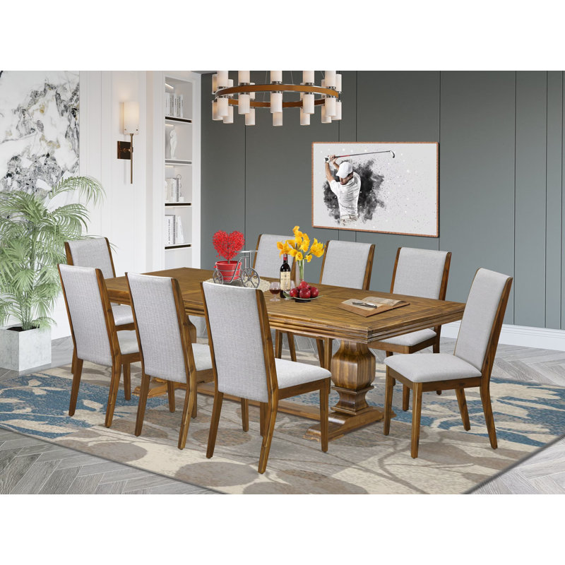 L'ensemble de 9 pièces comprend une table de cuisine rectangulaire et 8 chaises de salle à manger en tissu de lin gris, finition noyer antique