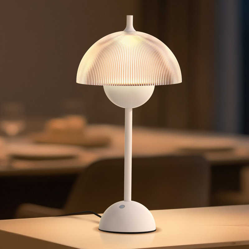 Selene 16.3"H White LED Table Lamp–Striped Acrylic Mushroom Shade, 4-Level Touch Dimmable with Memory, Modern Plug-in Desk Light for Bedside, Dorm, Home Office